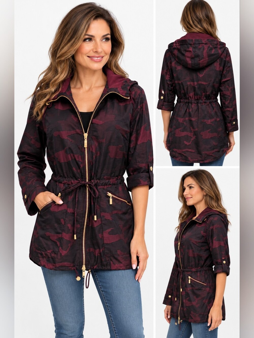 Chico's Zenergy Embossed Camo Anorak Jacket in Spiced Bordeaux Sz 4/6
